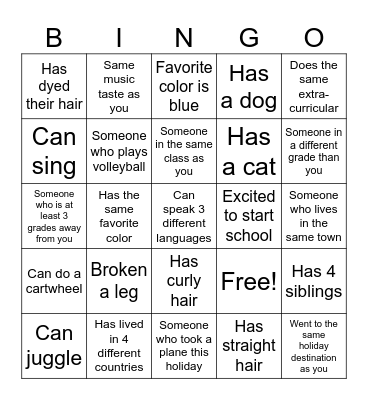 New Students Bingo Card