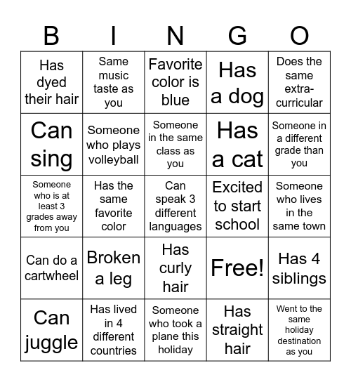 New Students Bingo Card
