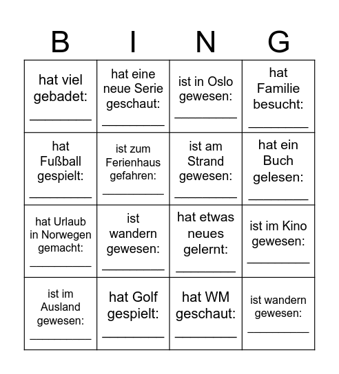 Meine Sommerferien Bingo Card
