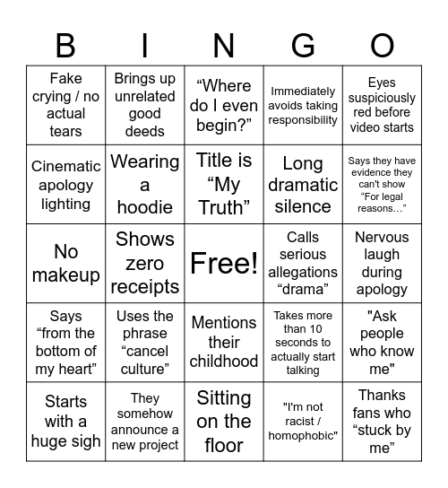 Youtuber Apology Bingo Card
