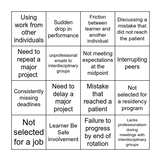 Preceptor Development Bingo Card