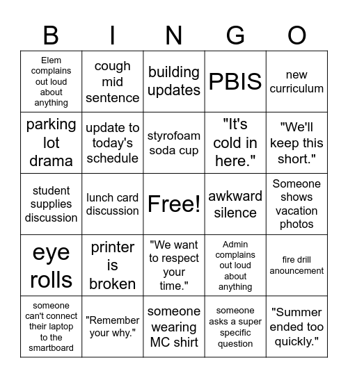 Teacher Institute Bingo Card