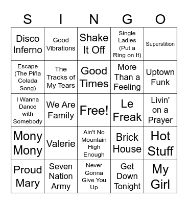 Singo Rock Hits Bingo Card