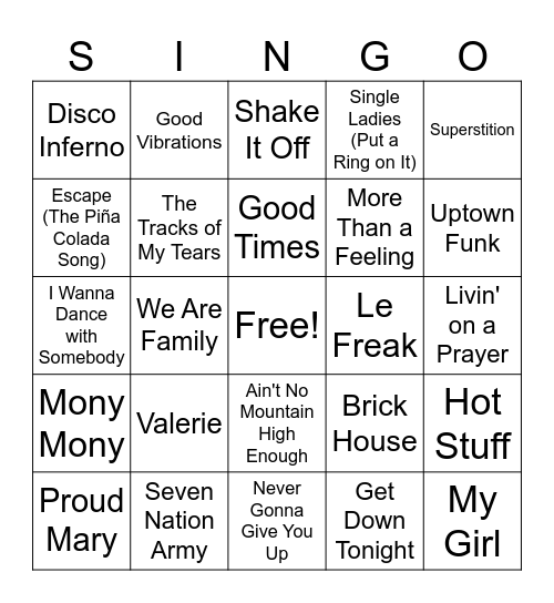 Singo Rock Hits Bingo Card