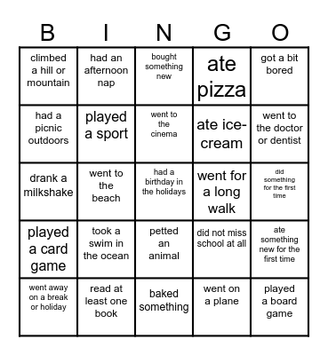 Back-to-School Bingo - What did you do over the holiday? Bingo Card