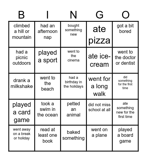 Back-to-School Bingo - What did you do over the holiday? Bingo Card