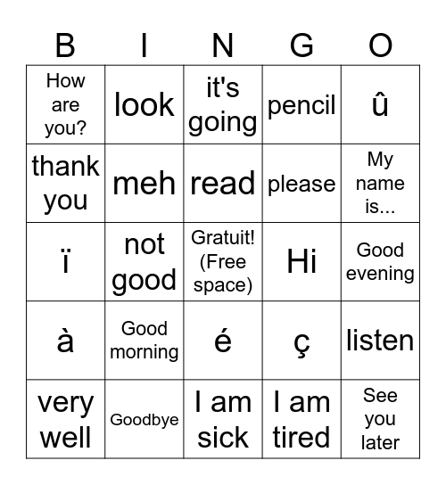 Unit 1 Greetings, accents, etc. Bingo Card