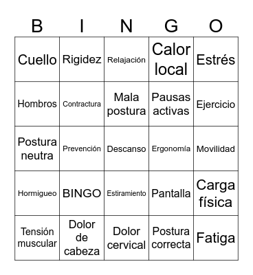 SINDROME CERVICAL POR TENSIÓN Bingo Card