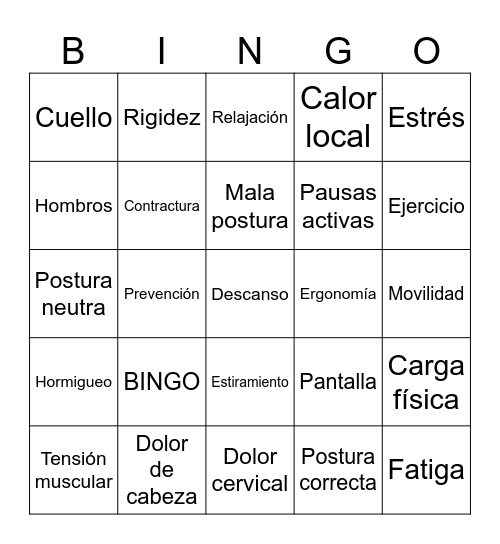 SINDROME CERVICAL POR TENSIÓN Bingo Card