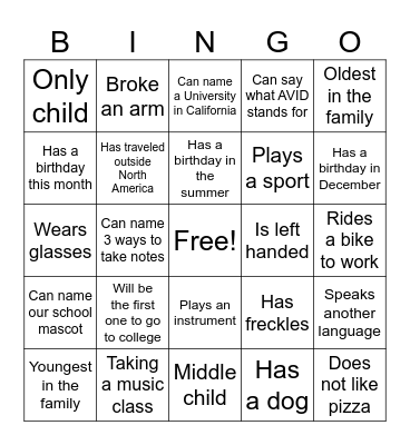 AVID Classmates BINGO Card