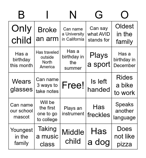 AVID Classmates BINGO Card