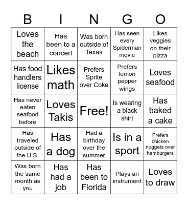 Welcome Back Bingo Card