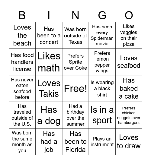 Welcome Back Bingo Card