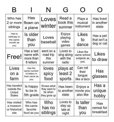 Back to School Bingo Card