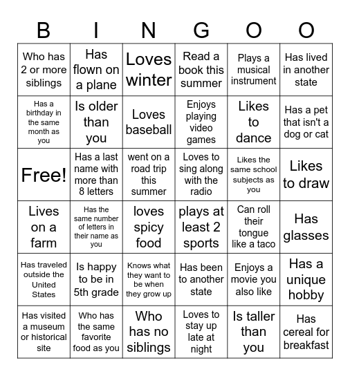 Back to School Bingo Card