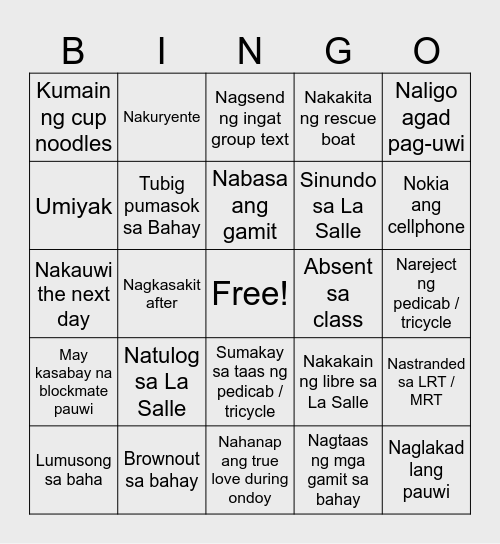 Ondoy Bingo Card Bingo Card