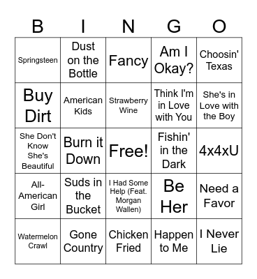 Country Songs Bingo Card