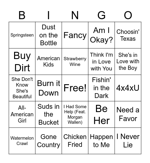 Country Songs Bingo Card