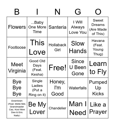 Pop Songs Bingo Card