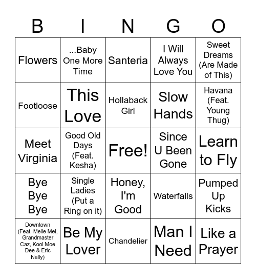 Pop Songs Bingo Card