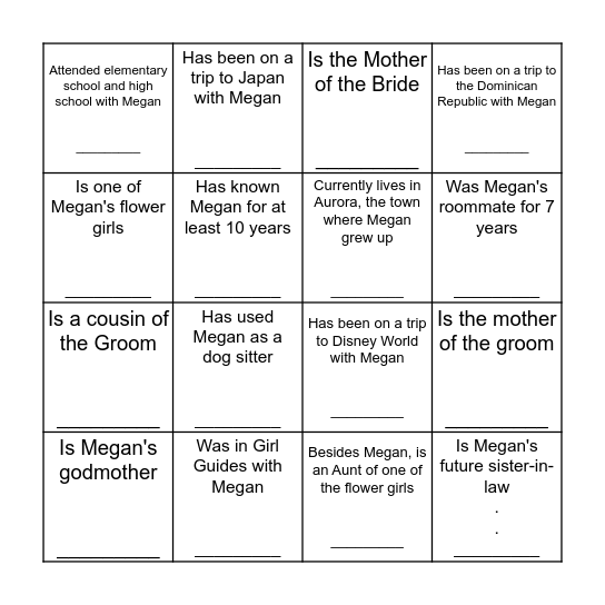 Icebreaker Bingo - Get to Know Megan's People! Bingo Card