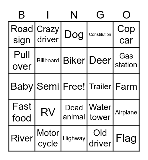 Road trip Bingo Card
