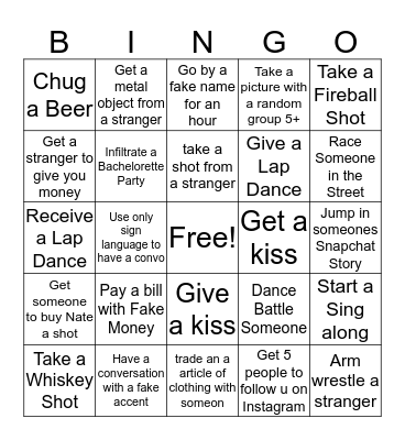 Nate's Bachelor Party Bingo Card