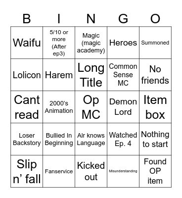 Anime Isekai Card (kill me) Bingo Card