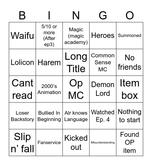 Anime Isekai Card (kill me) Bingo Card