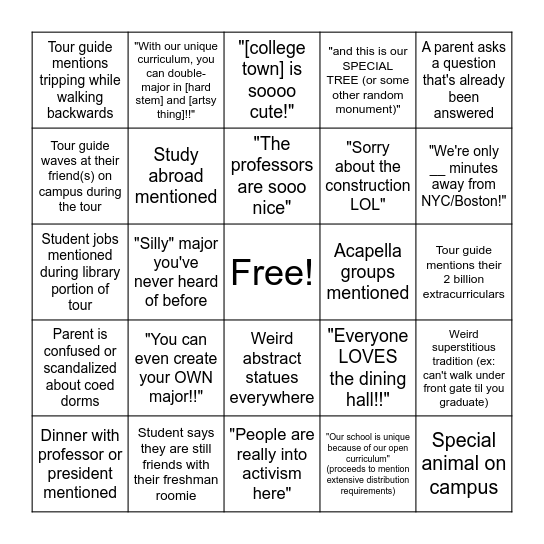 College Tour Bingo Card