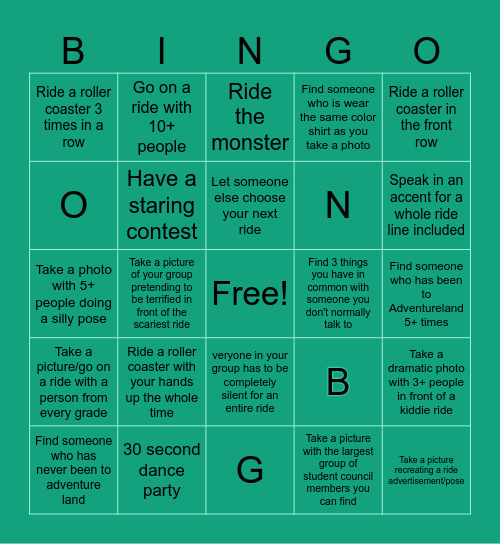 Student Council Adventure Land Bingo Card