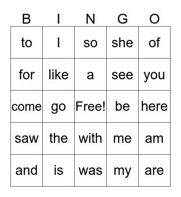 Sight Words Bingo Card