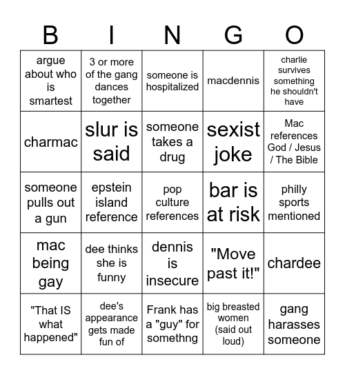 It's Always Sunny Bingo Card