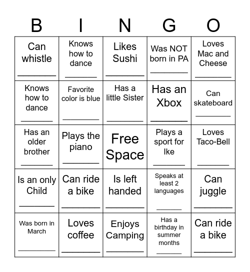 YOUTH HUMAN BINGO Card