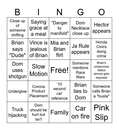 Fast and furious (2001) Bingo Card