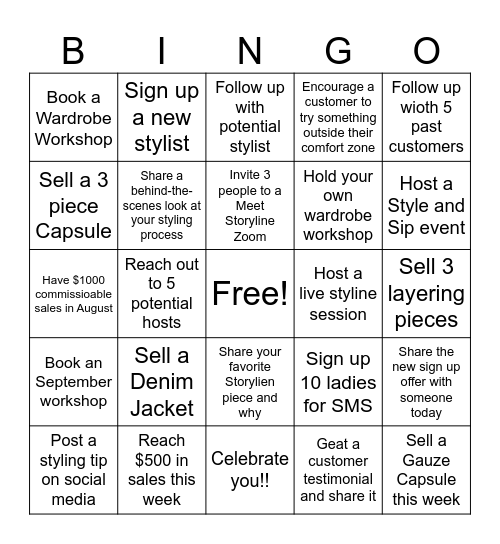 Julie's Storyline Team Bingo Card
