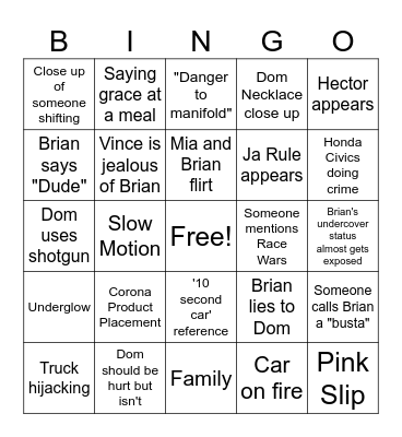 Fast and furious (2001) Bingo Card