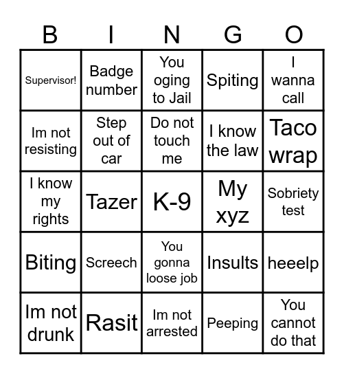 Police Bodycam Bingo Card