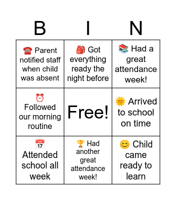 Head Start Attendance Bingo Card