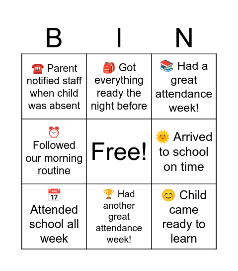 Head Start Attendance Bingo Card