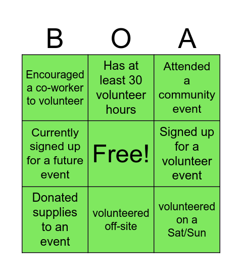 Volunteer Bingo Card