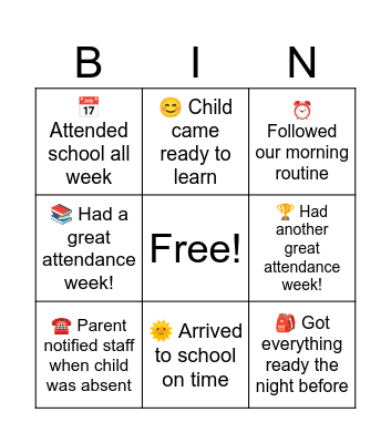 Head Start Attendance Bingo Card