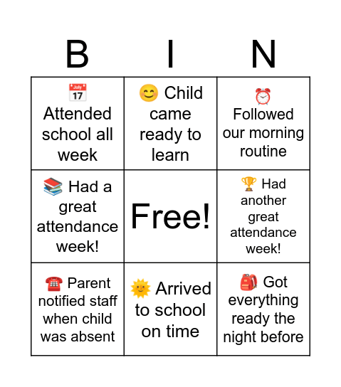 Head Start Attendance Bingo Card