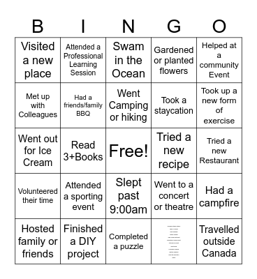Welcome Back Bingo Card