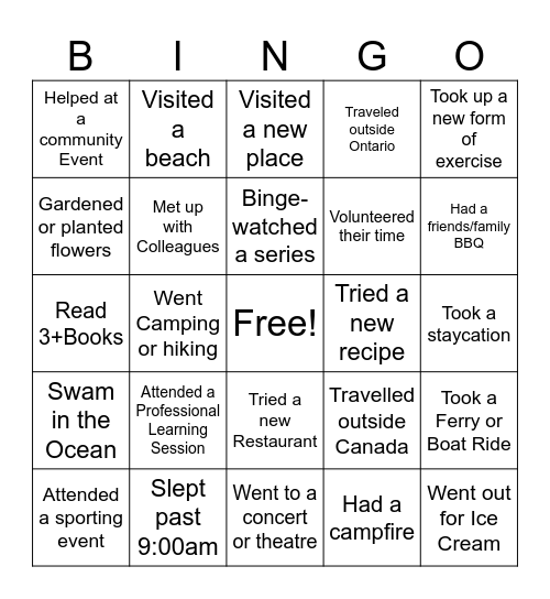 Welcome Back Bingo Card