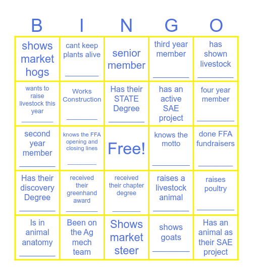 Liberty Ranch FFA BINGO Card
