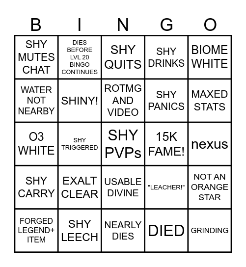 SHY ROTMG BINGO (RESET ON DEATH) Bingo Card