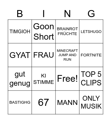 Youtube Short Bingo Card