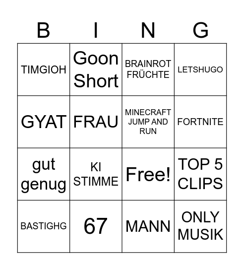 Youtube Short Bingo Card