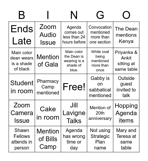 August Department Meeting! Bingo Card